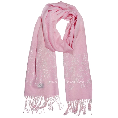Schöner Schal aus 100% Wolle, 40cmx190cm, Rosen-Motiv, rosa - zum Schließen ins Bild klicken